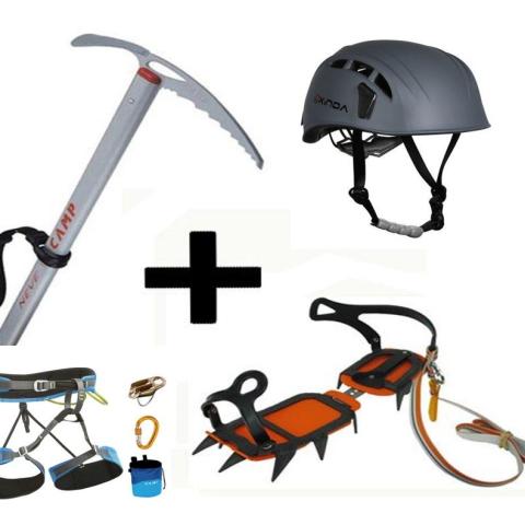 Climbing Combo I - helmet, crampons, pickaxe, harness, carabiners, plate, straps, cords