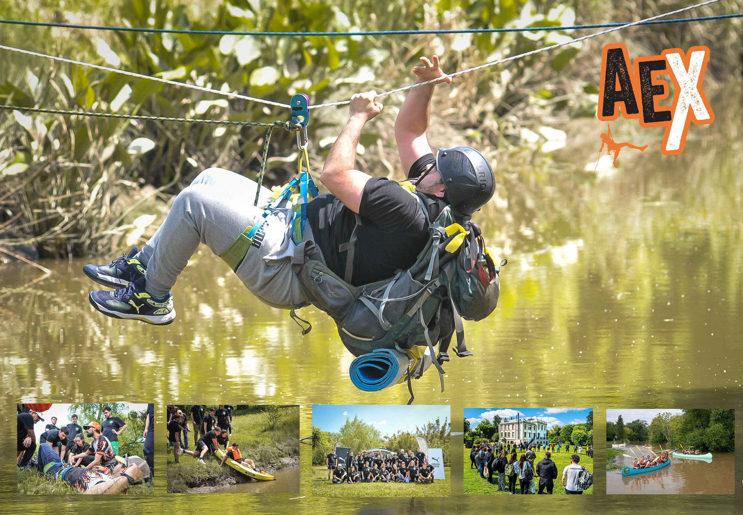 Equipo empresarial realizando actividades de team building outdoor en la naturaleza con Argentina Extrema